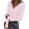 Aottori Polo Donna Righe Maniche Lunghe Maglie Cotone Maglietta Basic Coste T-Shirt Bianca Elegante Mezza Zip Tee Shirt Elasticizzato Sexy Top Jersey Primavera Rosa M