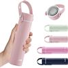 Exllena Borraccia Termica Piccola 300ml con Manico Regolabile- Mini Borraccia Termica con Coperchio in Acciaio Inox - Design Compatto e Portatile - Ideale per Sport, Viaggi e Bambini(Rosa Pastello)