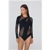 Tezenis Body Manica Lunga Inserti Microfibra E Tulle Donna Nero