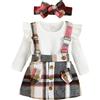 Geagodelia Completo Neonata 3 Pezzi Elegante Tutina A Costine Maniche Lunghe+Abito con Bretelle a Quadri+Fascia Vestiti Carini Bambine Autunno Inverno (Rosso Bianco, 12-18 Months)