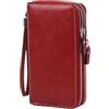 Wisebom Portafoglio Grande Pelle, Vintage Portafoglio Lungo in Pelle PU con 14 Slot Blocco RFID, Portamonete Pelle Lungo con 2 Cerniera e Cinturino da Polso Staccabile Unisex (Rosso Retrò)