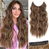 BUPPLER Halo - Extension per capelli con filo invisibile, lunghezza 50 cm, regolabile, capelli ondulati lunghi, sintetici, 4 clip sicure in parrucche, 50 cm, castano medio misto dorato