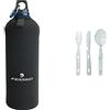 Ferrino Neo Drink, Borraccia in Alluminio Nero, 1 Litro & Posate, Set Cucchiaio, Forchetta e Coltello Multiuso da Campeggio Grigio