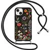 Votvloay Cover Cordino per iPhone 14/iPhone 13 6,1, Collana Corda Tracolla Laccio Ragazze Custodia con Aesthetic Disegni Fiori, Silicone Sottile TPU Antiurto Protettiva Case per iPhone 14, Nero 2