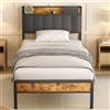 Bealife Letto imbottito 90x200cm, struttura letto in legno e metallo Piattaforma imbottita Letto matrimoniale con supporto testiera a doghe in legno (Grigio scuro)
