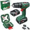 Bosch Trapano,percussione a batteria EasyImpact 18V-40 (2x batteria da 2,0 Ah, sistema 18 volt, set di cacciaviti e punte per legno, pietra e metallo da 34 pz, in confezione di cartone), Mandrino 13mm