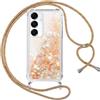 Vauki Cover per Samsung Galaxy S25 5G con Cordino, Trasparente Glitter Liquido Antiurto Tracolla Custodia, Antiurto Antigraffio Silicone Bumper Laccio Protettivo Case per Samsung Galaxy S25, Oro