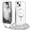 Ethanger Magnetica Cover con Cordino per iPhone 13/iPhone 14 Custodia con 2 Vetro Temperato, Trasparente Ultra Sottile Antiurto Silicone Protettiva Cover con Laccio per iPhone 13/14 Argento