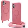 BGHHEU Magnetica Cover per iPhone 16 Plus con Cordino,[Compatible con Magsafe],Custodia Silicone con Regolabile Collana Sottile Morbida Case,Rosa