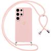 Oelrstfe Cover per Samsung Galaxy S24 Ultra con Cordino,Custodia Silicone Morbido Sottile con Motivo Cuore e Collana Laccio Tracolla,Antiurto Antigraffio Corda Collo Regolabile Protettiva Case,Rosa