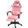 Generico Sedia Gaming Ergonomica con Poggiapiedi Estraibile, Cuscino Lombare e Poggiatesta - Poltrona da Ufficio e Gaming in Ecopelle, Schienale Reclinabile 135°, Altezza Regolabile (Rosa/Bianco)