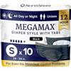 NorthShore MegaMax - Pannolini per adulti HBL per 12 ore per perdite di vescica pesanti, taglia S, 10 pezzi, nero, 61-86,4 cm, biancheria intima per incontinenza con linguette, per uomini, donne e