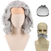 Pwsap Parrucca Uomo Parrucche Riccia Grigia Argento,Moda Uomini Corto Riccio Capelli Corta Parrucche con Fronte Calva con Barba Bianca Grigia con Cuffia Parrucca Regolabile per Cosplay Halloween Carnevale