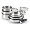 Qulinart by Brandt - Set di 3 pentole, 3 padelle e 3 coperchi, scolapasta con manico rimovibile, in acciaio inossidabile, set per tutti i fuochi, colore: argento