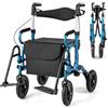 COSTWAY 2 in 1 Deambulatore e Sedie a Rotelle in Alluminio, Rollator Pieghevole e Regolabile in Altezza con Seduta e Freni, Girello per Anziani con Ruote Robuste (Blu)