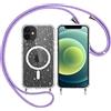 Yoedge Trasparente Glitter Cover Magnetica con Cordino per iPhone 12/12 Pro 6,1, Custodia Bling Brilla Tracolla Compatibile con MagSafe Magnetico Ricarica Wireless Case per iPhone12 Pro, Viola