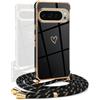 YAMCCCSE Cover per Google Pixel 9 / Pixel 9 Pro con Collana Amore Cuore Custodia per Silicone Sottile Laccio Tracolla Case con Protezione Fotocamera Dorata Placcatura Cornice Paraurti, Nero