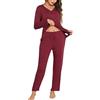 Wikoan Pigiama Donna Set Morbido 2 Pezzi Scollo a V Donna Pigiama Set, Manica Lunga Pigiama Top e Pantaloni con Tasche,Blu Opaco,S