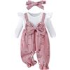 Geagodelia Pagliaccetto in velluto a coste per neonate a maniche lunghe con stampa floreale a costine vestiti invernali con fascia, rosa, 3-6 Months