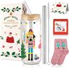 Joeyan 600ml 20 oz Natalizi Bicchieri di Vetro con Coperchio e Cannuccia,Tazza da caffè Caldo,Tazza da tè con Bolle,Barattolo di Vetro a Bocca Larga,Bottiglia da Viaggio,Regali di Natale