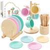 GAGAKU Set di stoviglie da cucina per bambini, 27 pezzi, servizio da tè per bambini, in legno, con supporto, giocattolo Montessori per bambini 3-5 anni, giocattolo educativo per giochi di ruolo