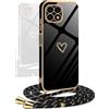 YAMCCCSE Cover per Samsung Galaxy A22 5G con Collana Amore Cuore Custodia per Silicone Sottile Laccio Tracolla Case con Protezione Fotocamera Dorata Placcatura Cornice Paraurti, Nero