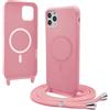 Bigcousin Magnetica Cover con Cordino per iPhone 13 Pro Max 6.7 Zoll,[Compatibile con MagSafe], Cover in Silicone, Regolabile Cordino da Collo Nylon Catena Collana Tracolla,Rosa