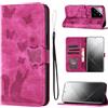 LSPCASA Xiaomi 14 Pro Cover in Premium PU Leather with Card Slots - Butterfly Cat Pattern Case in Rosa