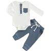 BeliBacca Neonato Bambino Primavera Autunno Contrasto Colore A Costine Abiti In Maglia Manica Lunga Pulsante Pagliaccetto Camicia Elastico Pantaloni Lunghi Set 2 pz Abbigliamento Invern, Blu, 0-3