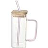 TITA-DONG Set di Tazze Quadrate in Vetro, Tazze da Caffè Ghiacciate, Coperchio e Tazza con Manico Color Paglia, Bicchieri da Birra da 13,5 Once con Manico Tazze in Vetro Alto a Forma di Lattina(2 pezzi/rosa)