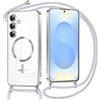 Oelrstfe Magnetica Cover per Samsung Galaxy S25 Plus con Cordino Regolabile,Compatibile con MagSafe,Trasparente Custodia con Collana Tracolla Laccio Collo TPU Silicone Lanyard Case Antiurto, Argentato