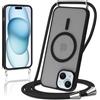 Knrlqim Magnetica Cover con Cordino per iPhone 15 Plus, Compatibile con Magsafe,Custodia con Laccio Collana Tracolla Corda,Traslucida Opaca Hard PC Sottile Antiurto Protettiva Case,Nero