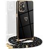 YAMCCCSE Cover per Oppo A94 5G con Cordino,Elettrolitico Cuore Custodia per Oppo A94 5G con Tracolla,Antiurto Donna Cuore Cover per Oppo A94 5G Cordino,Nero