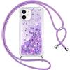Vauki Cover per iPhone 11 con Cordino, Trasparente Glitter Liquido Antiurto Brillantini Tracolla Custodia, Antiurto Antigraffio Silicone Bumper Laccio Protettivo Case per iPhone 11, Viola