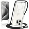 Coiwxmoi Cover per iPhone 15 Pro con Cordino 6,1,Trasparente Custodia con Laccio Tracolla Corda Catena Cinghia,Ultra Morbido Silicone TPU Antiurto Case per iPhone 15 Pro, Nero