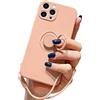 Pepmune Cover con Cordino per iPhone 13 Pro Max Custodia con 360° Regolabile Anello Supporto Ultra Sottile Antiurto Silicone Liquido Protettiva Cover con Laccio per iPhone 13 Pro Max Rosa