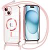 Oelrstfe Magnetica Cover per iPhone 15 Plus 6.7 con Cordino Regolabile, Compatibile con MagSafe,Trasparente Custodia con Collana Tracolla Laccio Collo TPU Silicone Lanyard Case Antiurto, Rosa