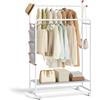 SONGMICS HOME Stand Appendiabiti, Attaccapanni in Metallo con Ruote, 2 Barre Appendiabiti, Tasche Laterali, Ripiano, Ganci a Forma di Fiammifero, Bianco Opaco HSR171W01