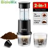 BioloMix Caffettiera Espresso Manuale Portatile 2 in 1 - Compatibile con Capsule e Caffè Macinato, Preparazione Calda e Fredda, per Escursionismo - stand