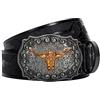 Eohak Cintura da cowboy, da uomo, stile western, con motivo a toro, fibbia floreale, adatta per vita da 63,5 a 96,5 cm, nero, Fit Waist 34-38 in