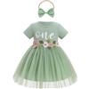 EFOGEP Baby Girl Primo Compleanno Vestito Ricamo Floreale Manica Corta Tutu Abiti Principessa con Bowknot Fascia Set Battesimo Torta Smash Neonato Photoshoot Vestiti, One Green, 12 mesi