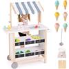 HOMASIS Gelato Truck per Bambini, Negozio di Giocattoli con 6 Gelati, Gelateria con Ruote e Tenda Regolabile, Carrello della Spesa in legno, Set di Bancarella Gioca per Bambini, 3+ Anni (Bianco)