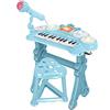 BAKAJI Pianola Tastiera Giocattolo Bambini 24 Tasti Luminosi con Attacco AUX MP3 per Smartphone Luci 4 ritmi 8 Effetti Suono Tamburi Manuali Microfono Supporto e Sgabello (Azzurro)