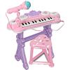 BAKAJI Pianola Tastiera Giocattolo Bambini 24 Tasti Luminosi con Attacco AUX MP3 per Smartphone Luci 4 ritmi 8 Effetti Suono Tamburi Manuali Microfono Supporto e Sgabello (Rosa)