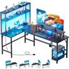 HLFURNIEU Scrivania Angolare con LED, 170 x 100 cm Scrivania Gaming a L con Prese di Corrent e Porta USB, Tavolo Angolo Salvaspazio con Libreria, Scrivania per Computer con Supporto per Monitor