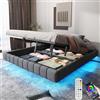 HOXINBLY Letto Matrimoniale con Contenitore160x200cm con LED e USB-C,Letto una piazza e mezza con Testiera e Vano Portaoggetti, Letto Contenitore con rete a doghe, Struttura Letto Matrimoniale in lino grigio