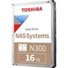 Toshiba Disco rigido NAS interno N300 da 16 TB, HDD SATA da 3,5'', 7200 RPM, funzionamento 24 ore su 24, 7 giorni su 7, supporto di sistemi da 1 a 8 bay, 128 MB di cache, (HDEXZ11ZNA51F).