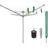 Brabantia Lift-O-Matic Stendibiancheria a Ombrello & Accessori, 50 Metri | Include picchetto 45mm, cover e portamollette, Altezza regolabile (129-187 cm), Resistente a raggi UV, ø 295cm, Metallic Grey