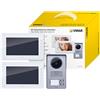 VIMAR K40991 Kit videocitofono da parete: 2 videocitofoni vivavoce a colori LCD 7'', tastiera capacitiva, targa audiovideo con cornice parapioggia, 2 alimentatori con spine standard EU, UK, US, AUS