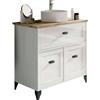 Muebles Pitarch | Mobile da bagno con lavabo in ceramica incluso, 80cm, con piedi, cassetto a chiusura lenta, 2 porte, per lavabo da appoggio, Bianco e Rovere Cambrian, Vintage,